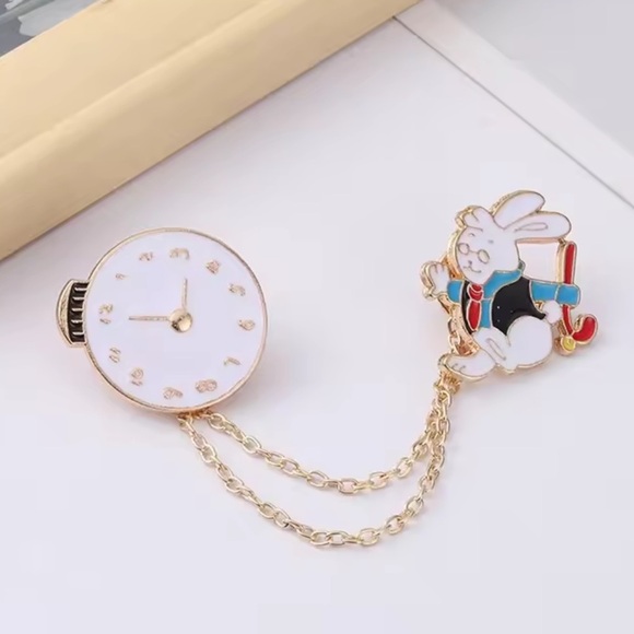 Betsey Johnson Jewelry - Betsey Johnson Cute Rabbit & Clock Chain BroochAlice in Wonderland Enamel Pin Se